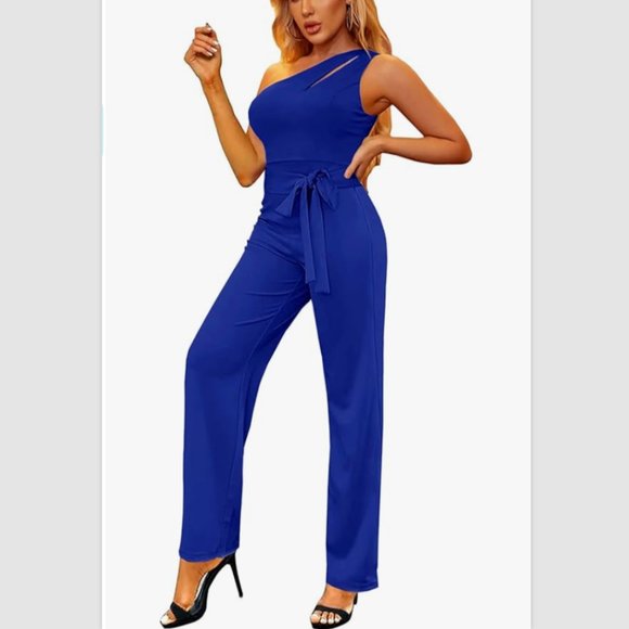 AUXDIO Womens One Shoulder Cutout Wide Leg Jumpsuit w/Belt Sz L -Royal Blue NWOT - Picture 2 of 5